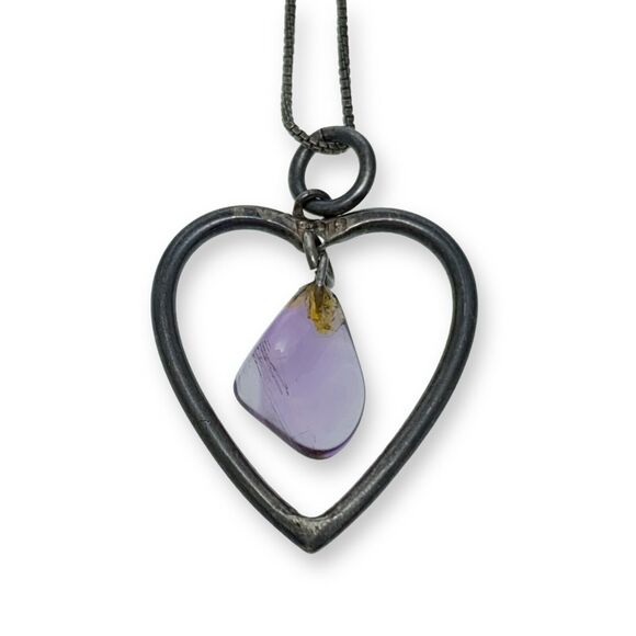 Amethyst Gem Dangle Open Heart | Pendant ONLY | Vintage Sterling Silver 925 - Picture 3 of 5